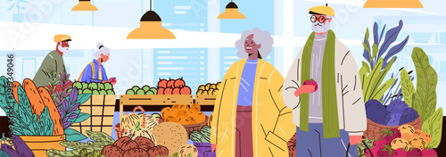 Active seniors shopping healthy lifestyle market scene elderly people choosing fresh fruits vegetables indoor grocery store colorful produce baskets plants