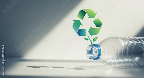 Plastic bottle with recycling symbol and green sprout growing from opening environmental concept