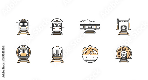 Collection of stylized train icons and illustrations.