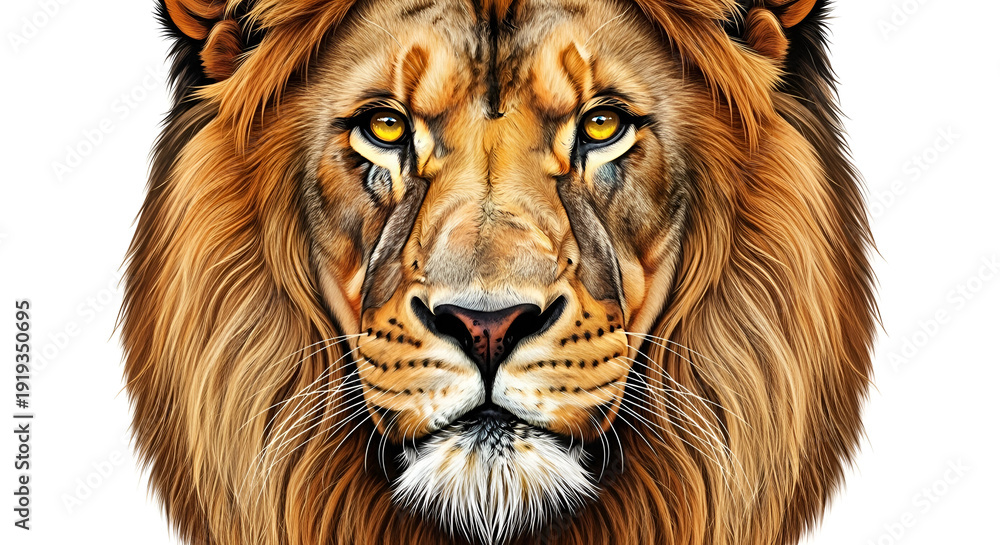Fototapeta premium Majestic lion portrait with golden mane and piercing eyes
