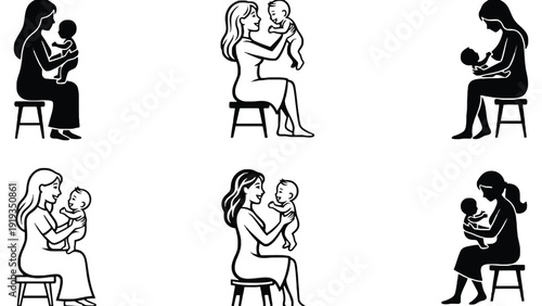 Mother breastfeeding baby vector illustrations in various styles and poses