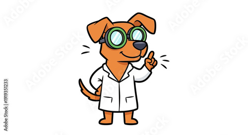 Cute cartoon dog wearing glasses and lab coat thinking with finger on chin.
