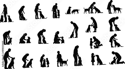 Large collection of black silhouettes featuring people and children interacting with dogs including walking, training, playing, petting, and sitting together isolated on white background.