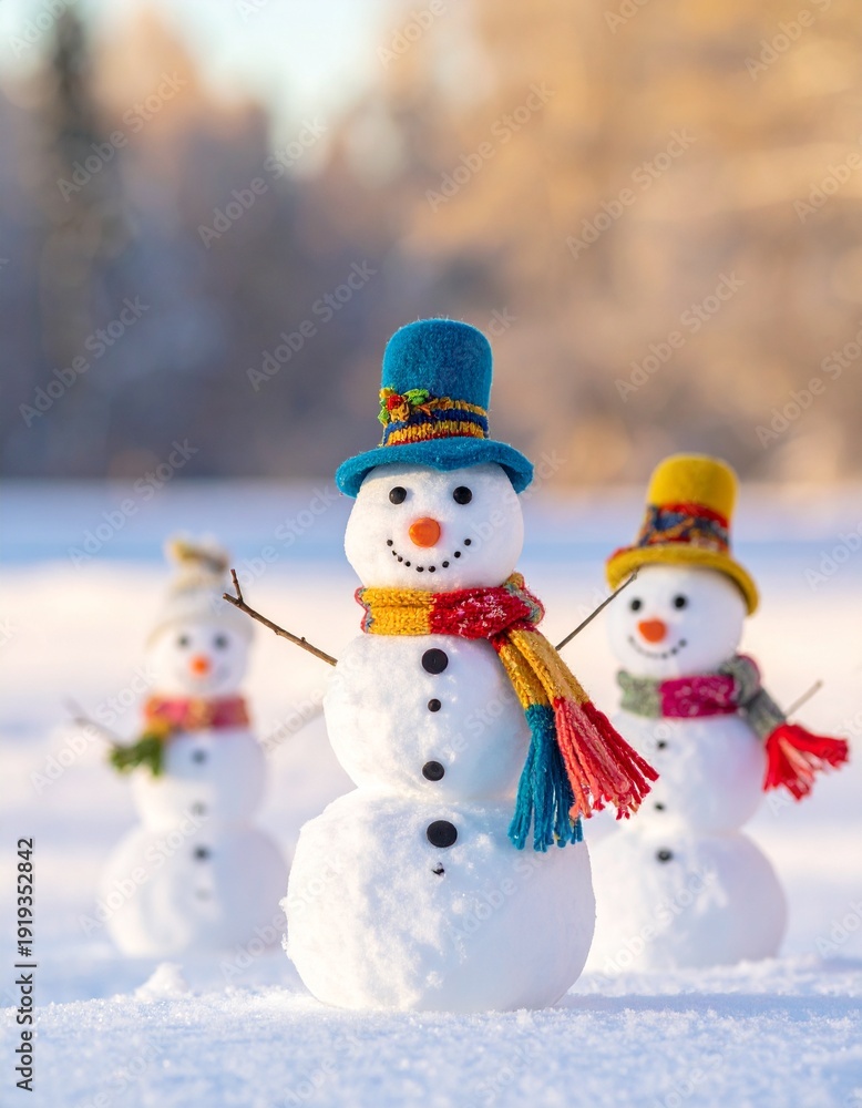 Fototapeta premium Three snow figures with hats and scarves standing in a snowy field, daytime