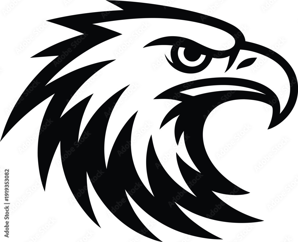 Obraz premium Stylized black and white illustration of a fierce eagles head profile with sharp feathers and piercing eye