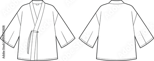 Short sleeve kimono jacket flat sketch, front and back view fashion design, casual robe top technical CAD template, apparel flat vector illustration