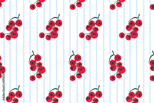 Seamless pattern with red cherry tomatoes on vine over blue and white striped background, food texture for fabric and packaging design