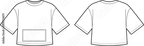 Short sleeve t shirt with front pocket technical fashion flat sketch, unisex casual clothing vector template, detailed CAD drawing apparel design illustration