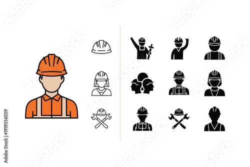 Diverse collection of construction and safety profession icons with helmets and tools