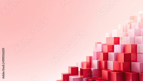 Gradient background with pixelated, stacked blocks of varying red and pink shades in the corner