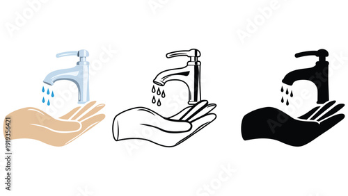 Faucet vector illustration set with hands under running water