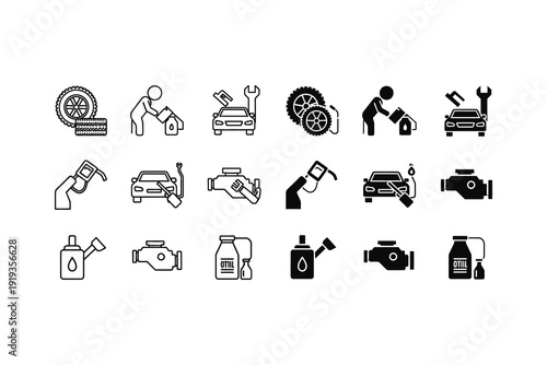 Collection of icons representing various automotive maintenance and repair services