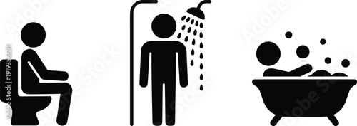 Bathroom activity silhouette illustration featuring toilet use, showering, and bathing icons symbolizing personal hygiene, daily routine, sanitation, and lifestyle graphics