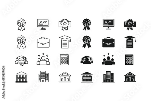 Collection of icons representing various academic and professional achievements and buildings