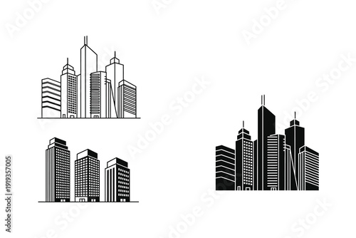 Modern city skyline illustrated with various architectural styles of buildings