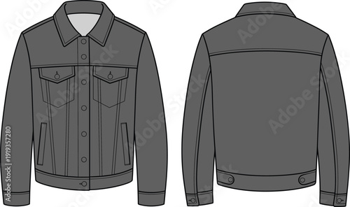 Classic men’s denim jacket CAD fashion flat sketch with front and back view, technical vector illustration for garment design