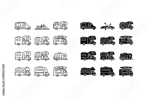 Diverse collection of stylized vehicles and trailers in monochrome silhouette art