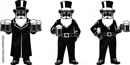 Oktoberfest character silhouettes collection, black and white festive illustration set, cheerful bearded man holding beer mugs, traditional celebration mascot design, monochrome artwork