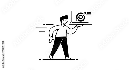 Man holding a laptop displaying a target and analytics for business growth and strategy