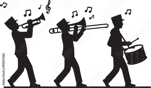 Silhouette of marching band musicians playing instruments  trumpet trombone drum