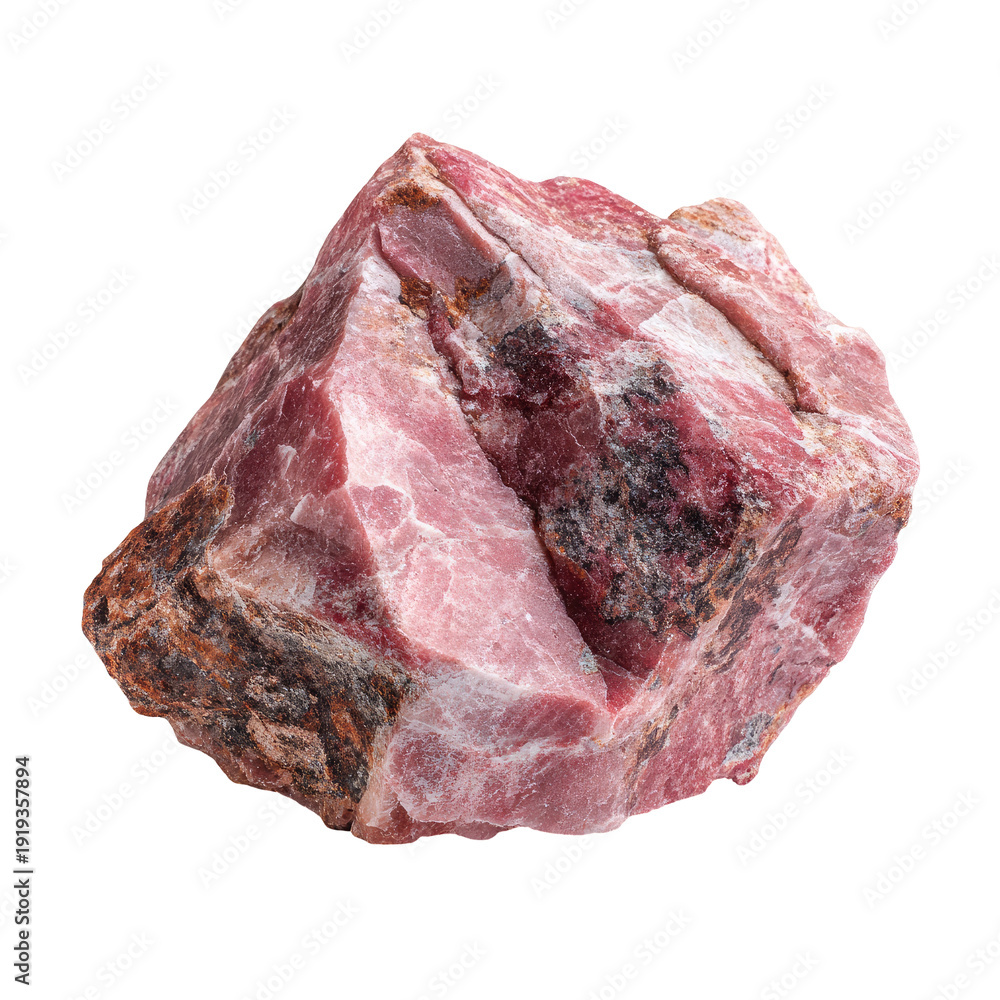 Obraz premium Rhodonite Mineral Specimen with Pink Hues and Black Veins Isolated on Transparent Background
