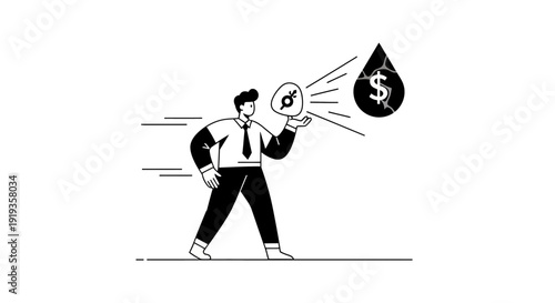 Man holding a compass pointing to a dollar sign in a droplet of liquid