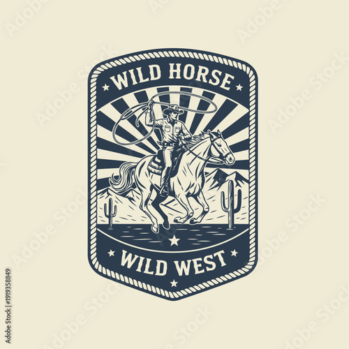 Wild West Emblem: A vintage-style emblem evokes the rugged spirit of the Wild West. A cowboy, astride his horse, throws a lasso. The scene set against a backdrop of mountains and cacti. 
