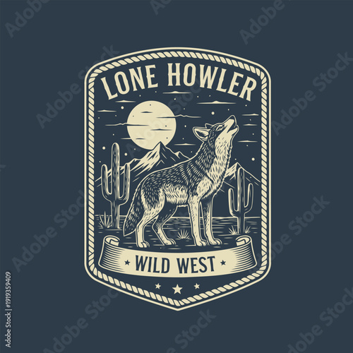 Lone Howler of the Wild West: A captivating vintage illustration of a lone coyote, howling under the moonlit sky in a classic Wild West landscape.