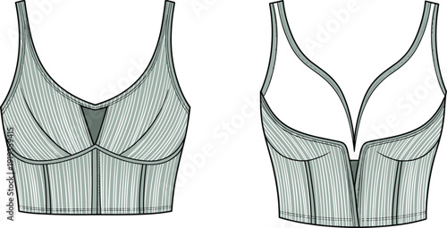 Striped longline bralette top technical fashion flat front and back seam detail womenswear apparel template sewing sketch mockup, cad drawing flat vector illustration