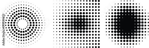 Halftone dot pattern illustration featuring circular and square gradient designs symbolizing optical illusion, visual perception, printing effects, and abstract graphic design