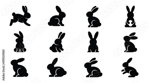 Easter bunny silhouettes black rabbit icons logo set 12 different poses white background easter theme graphics