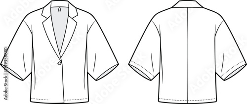 Stylish women short sleeve blazer technical fashion sketch front and back view, professional clothing design template, cad drawing flat vector illustration