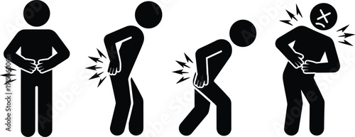 Physical pain silhouette illustration featuring abdominal pain, back pain, and severe distress symbolizing medical symptoms, health awareness, and patient education graphics