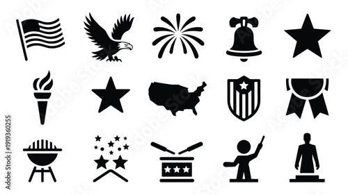 Independence day celebration icons set with patriotic symbols and american flag elements on white background