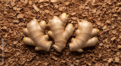 Fresh ginger roots on a bed of dried ginger flakes natural remedy and spice ingredients