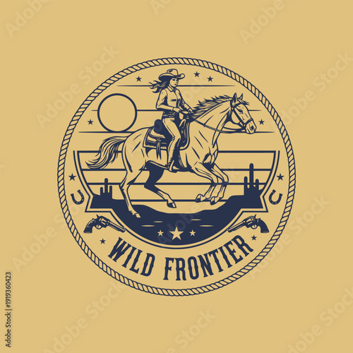 Wild Frontier Emblem: An emblematic scene of a cowgirl riding a horse across the Wild Frontier, evoking a spirit of adventure and the untamed wilderness of the west. 