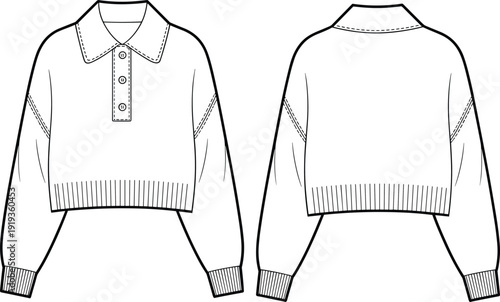 Cropped collared sweater pullover, long sleeve fashion flat sketch with button placket, ribbed cuffs and hem, front and back view