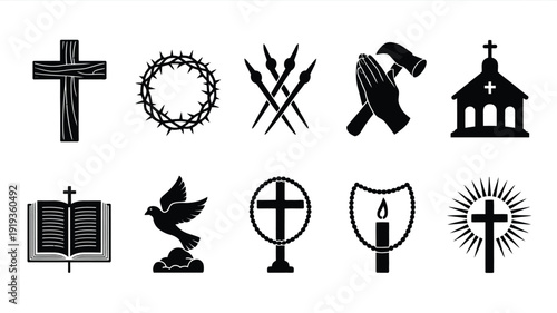 Good friday religious symbols and icons including crosses church crown of thorns and holy book on white background for easter and lent celebrations