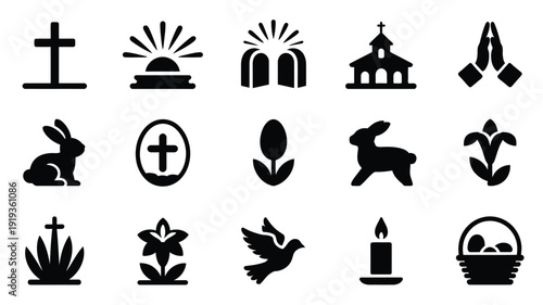 Easter resurrection silhouette icon bundle with cross bunny and floral symbols on white background