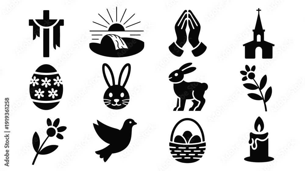 Εκτύπωση καμβά Easter sunday silhouette logo bundle with religious and festive icons including