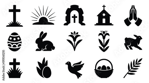 Easter faith symbols bundle silhouette icons set with cross church egg bunny