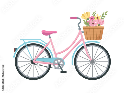 Cute pink retro bicycle with a wicker basket full of spring flowers