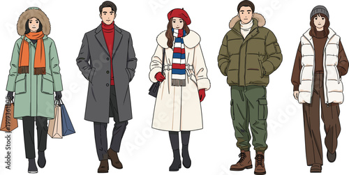 Vector set of fashionable young people wearing winter coats and warm seasonal clothing while shopping and walking isolated on white background for holiday design