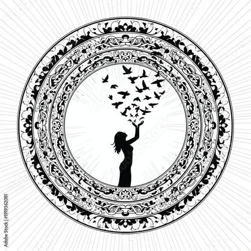 Silhouette of Woman Releasing Birds within Decorative Circle Keywords: silhouette, woman, girl