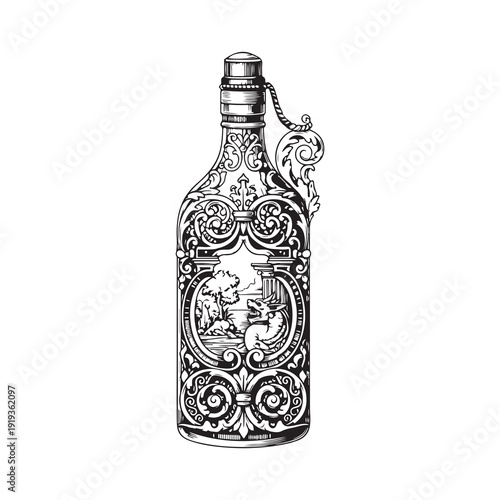 Enchanted Ocean Ecosystem in a Bottle with Hummingbirds Line Art Illustration