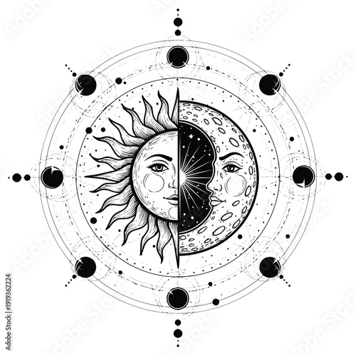 Sun and moon faces in celestial mandala design Keywords: sun, moon, celestial, mandala, faces