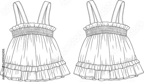 Cute baby girl dress, summer toddler outfit, shirred bodice frock, ruffle hem babywear, kids clothing design, CAD vector sketch