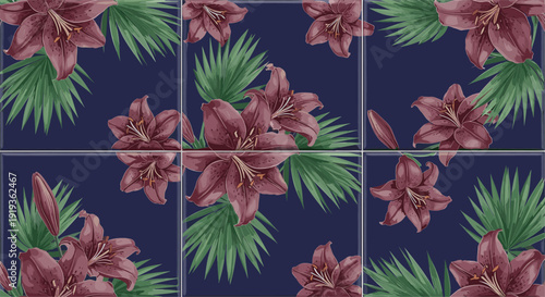 Tropical floral pattern with burgundy lilies and green palm leaves on navy background