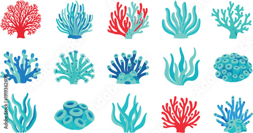 Flat Vector Illustration Set of Underwater Marine Plants and Ocean Organisms