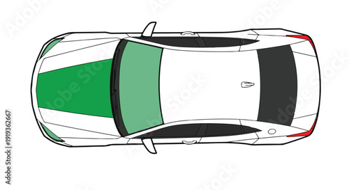 White sedan car from top view with green hood stripe vector illustration